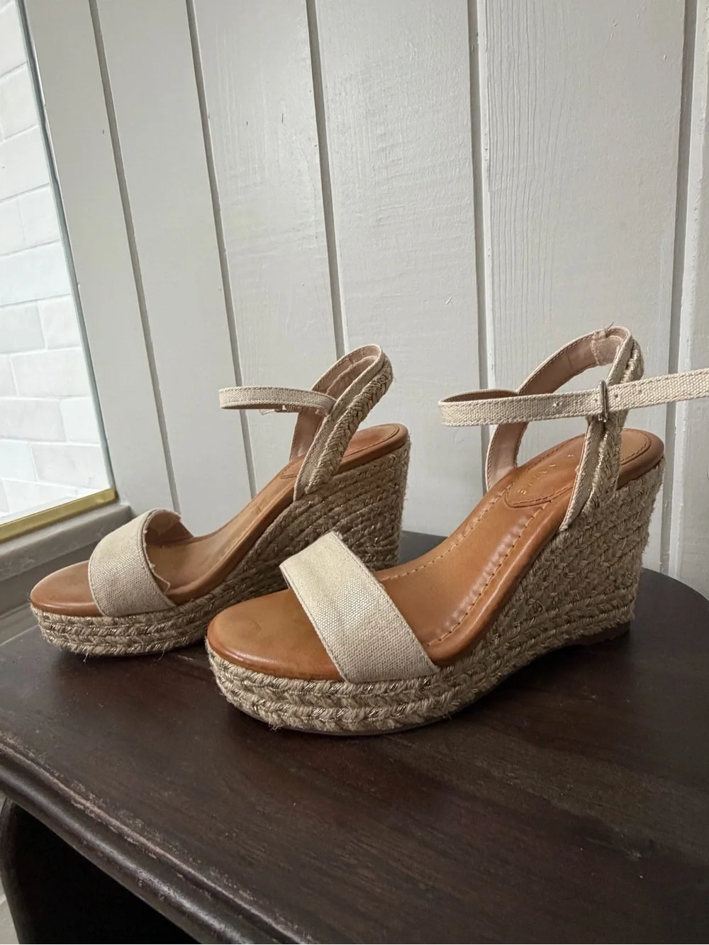 Kelly & Katie Canvas & Gold Shimmer Espadrille Wedge Sandals
